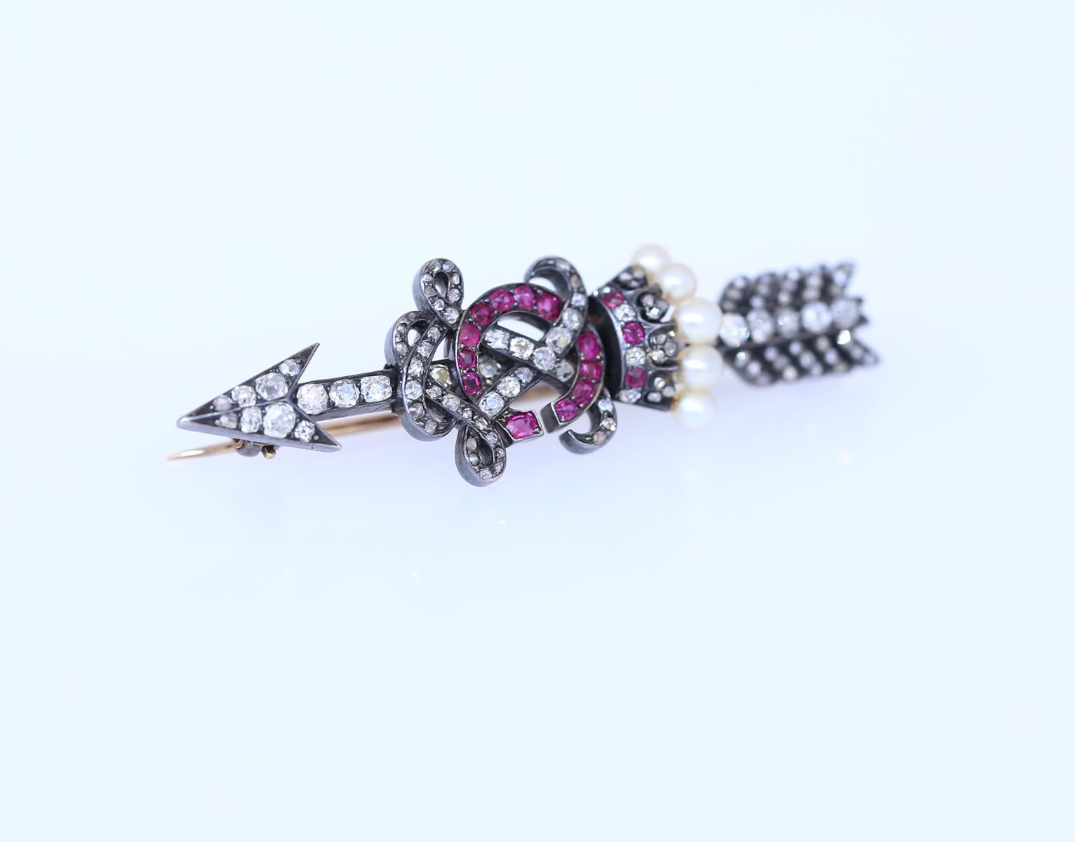 Victorian Brooch Arrow Crown Rubies Diamonds Pearls Gold Letters C X, 1900 For Sale 2