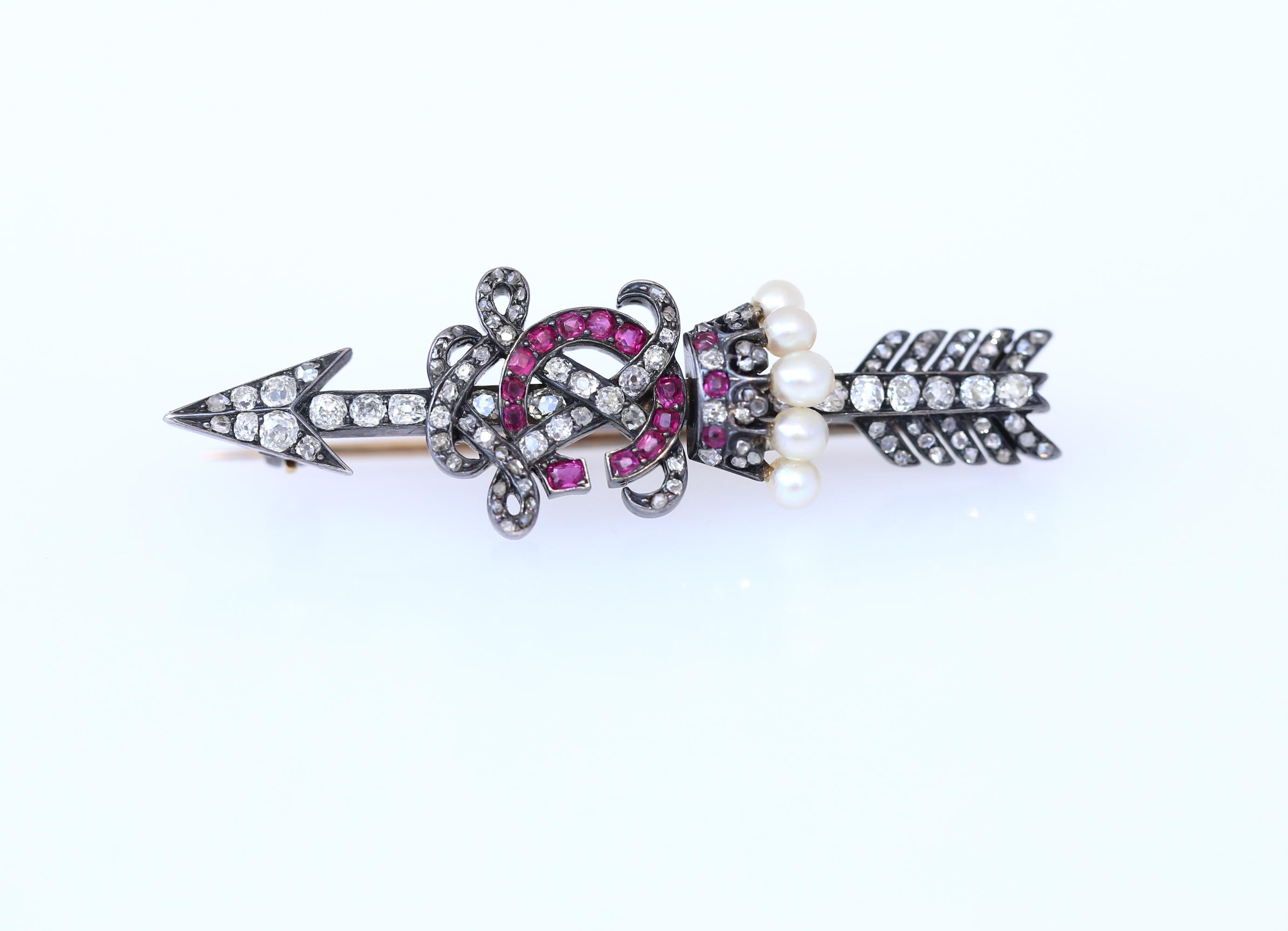 Victorian Brooch Arrow Crown Rubies Diamonds Pearls Gold Letters C X, 1900 For Sale 3