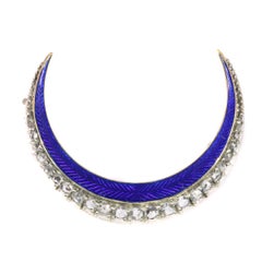 Victorian Brooch Crescent Moon with Blue Enamel and Rose Cut Diamonds
