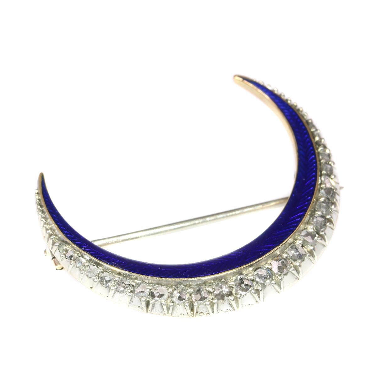 Women's or Men's Victorian Brooch Crescent Moon with Blue Enamel and Rose Cut Diamonds