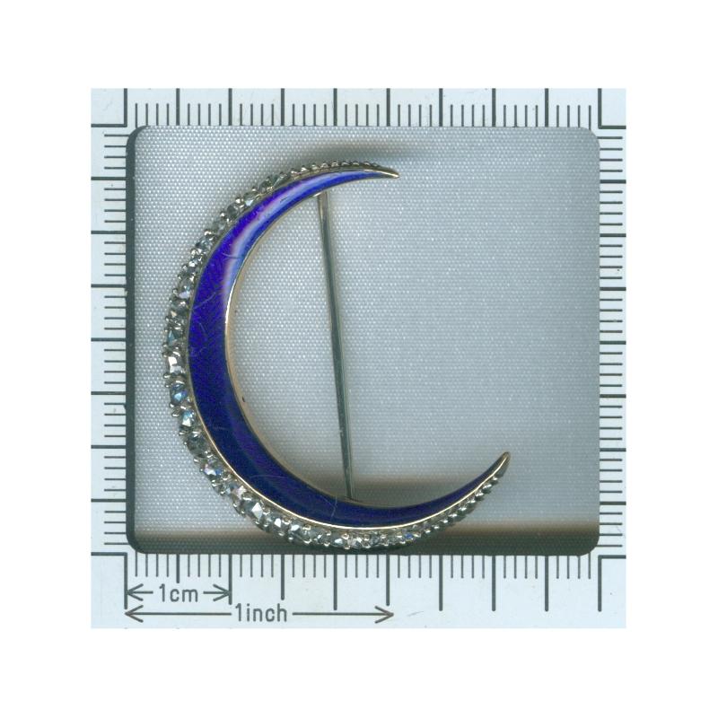 Victorian Brooch Crescent Moon with Blue Enamel and Rose Cut Diamonds 2