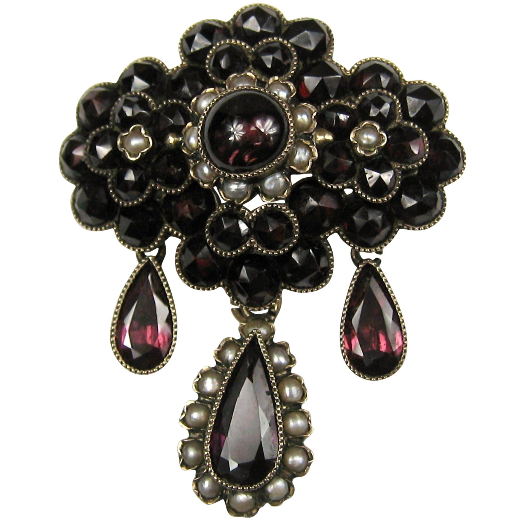 Victorian Brooch Gold Rose Cut Bohemian Garnet Pearl Teardrop Pin  For Sale