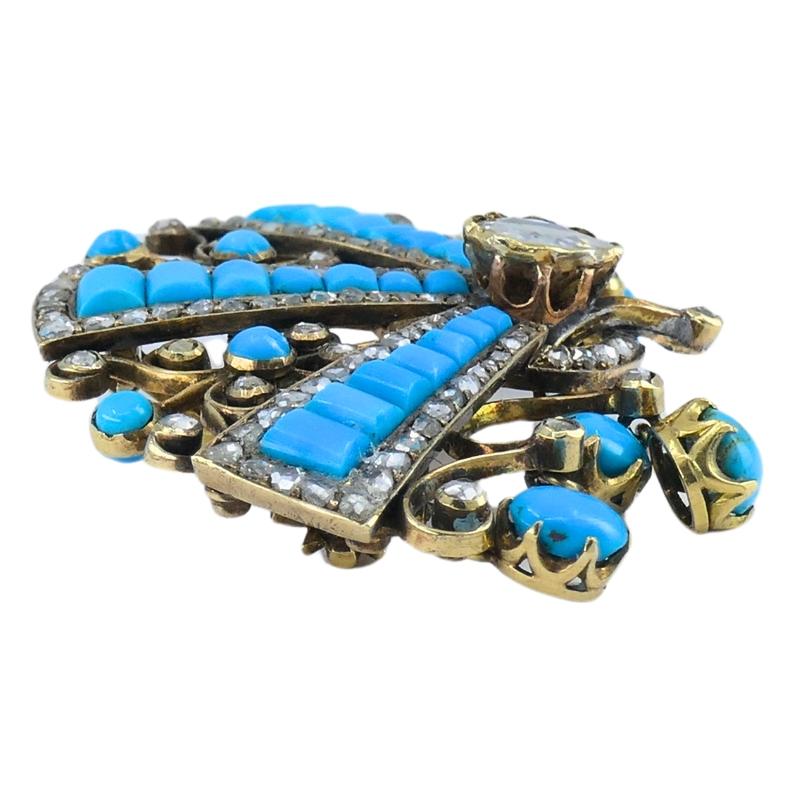 Taille mixte Broche Victorienne Or Turquoise Diamant Antique Estate Jewelry en vente
