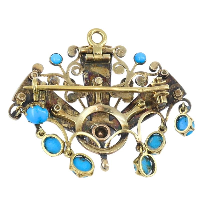 Broche Victorienne Or Turquoise Diamant Antique Estate Jewelry Unisexe en vente