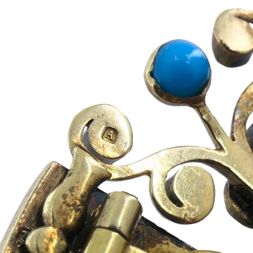 Broche Victorienne Or Turquoise Diamant Antique Estate Jewelry en vente 2