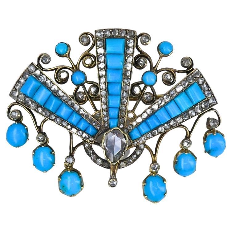 Victorian Brooch Gold Turquoise Diamond Antique Estate Jewelry