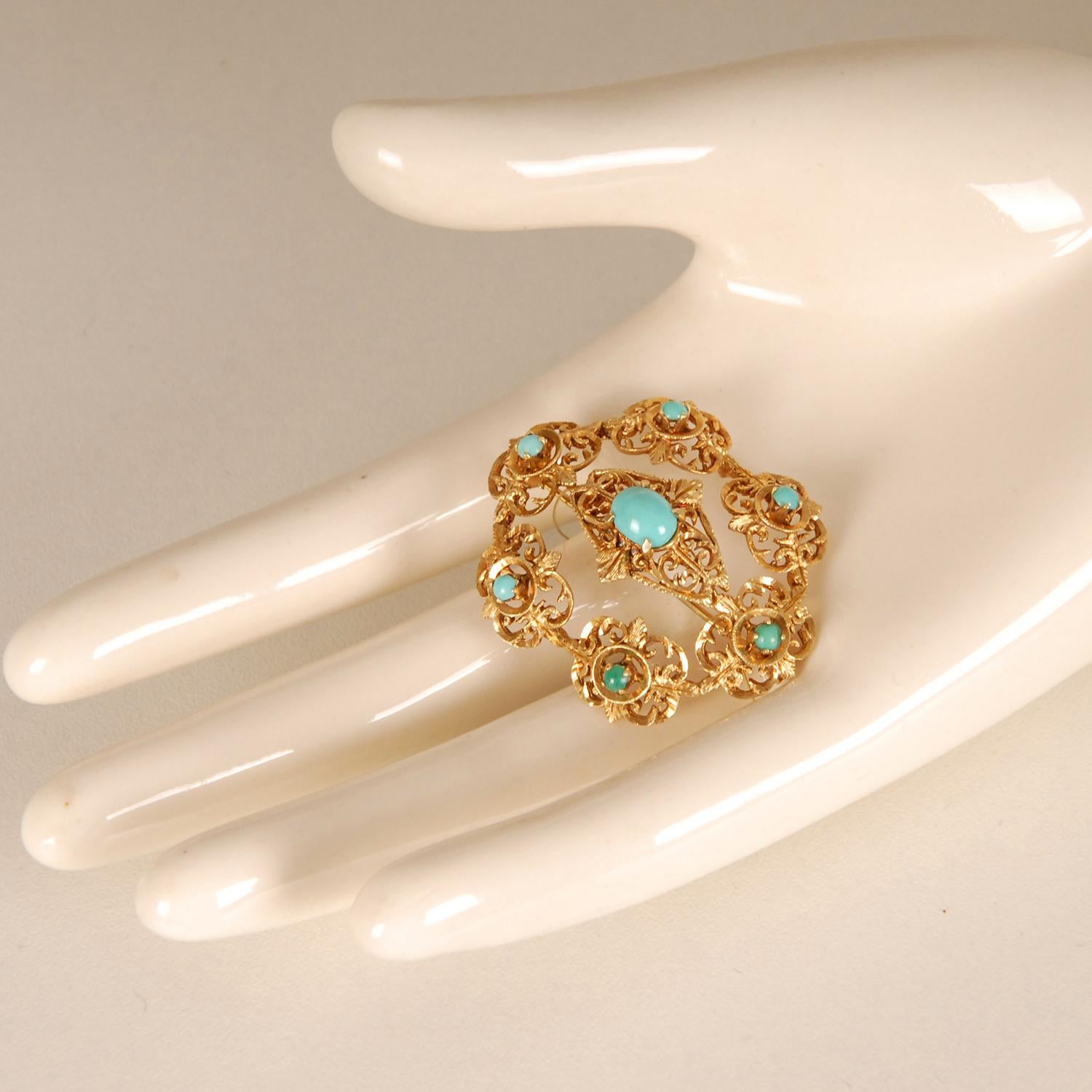 Victorian Brooch Gold Turquoise stones 19th century For Sale 3