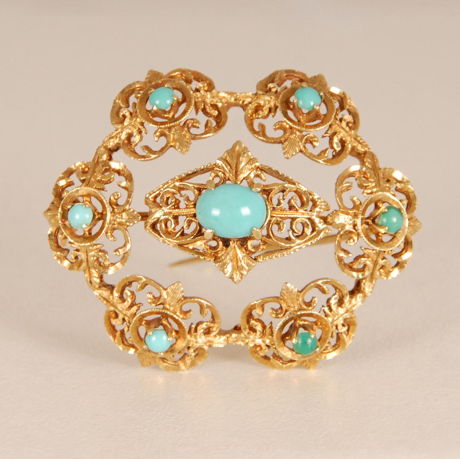 Antique Turquoise and Gold Brooch 19th century Victorian era
Design in the manner of: Faberge, Bvlgari, Carlo Giuliano
Large antique antique brooch intricate design with rococo C scrolls.
With central an oval shaped cabochon turquoise surrounded by