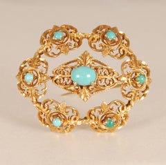 Antique Brooch Gold with Turquoise stones Rococo Revival
