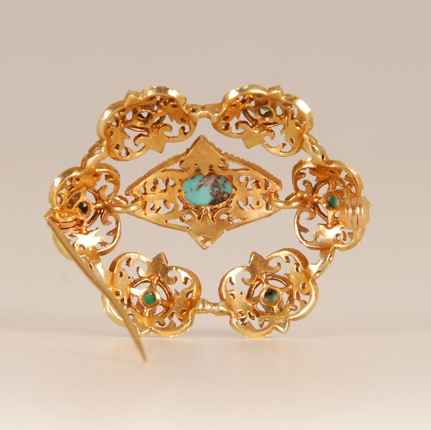 English Victorian Brooch Gold Turquoise stones 19th century For Sale