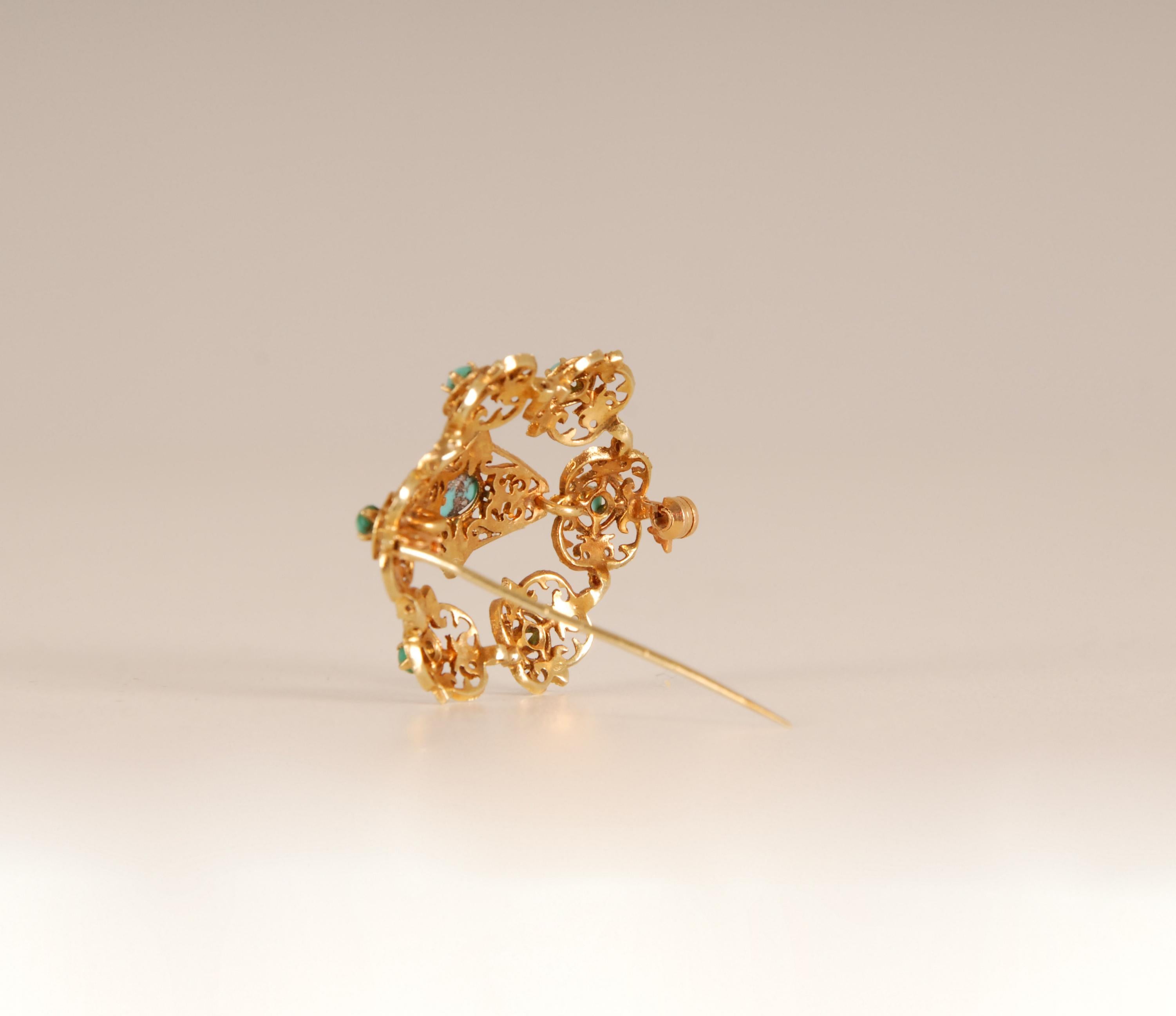 Hand-Crafted Victorian Brooch Gold Turquoise stones 19th century For Sale
