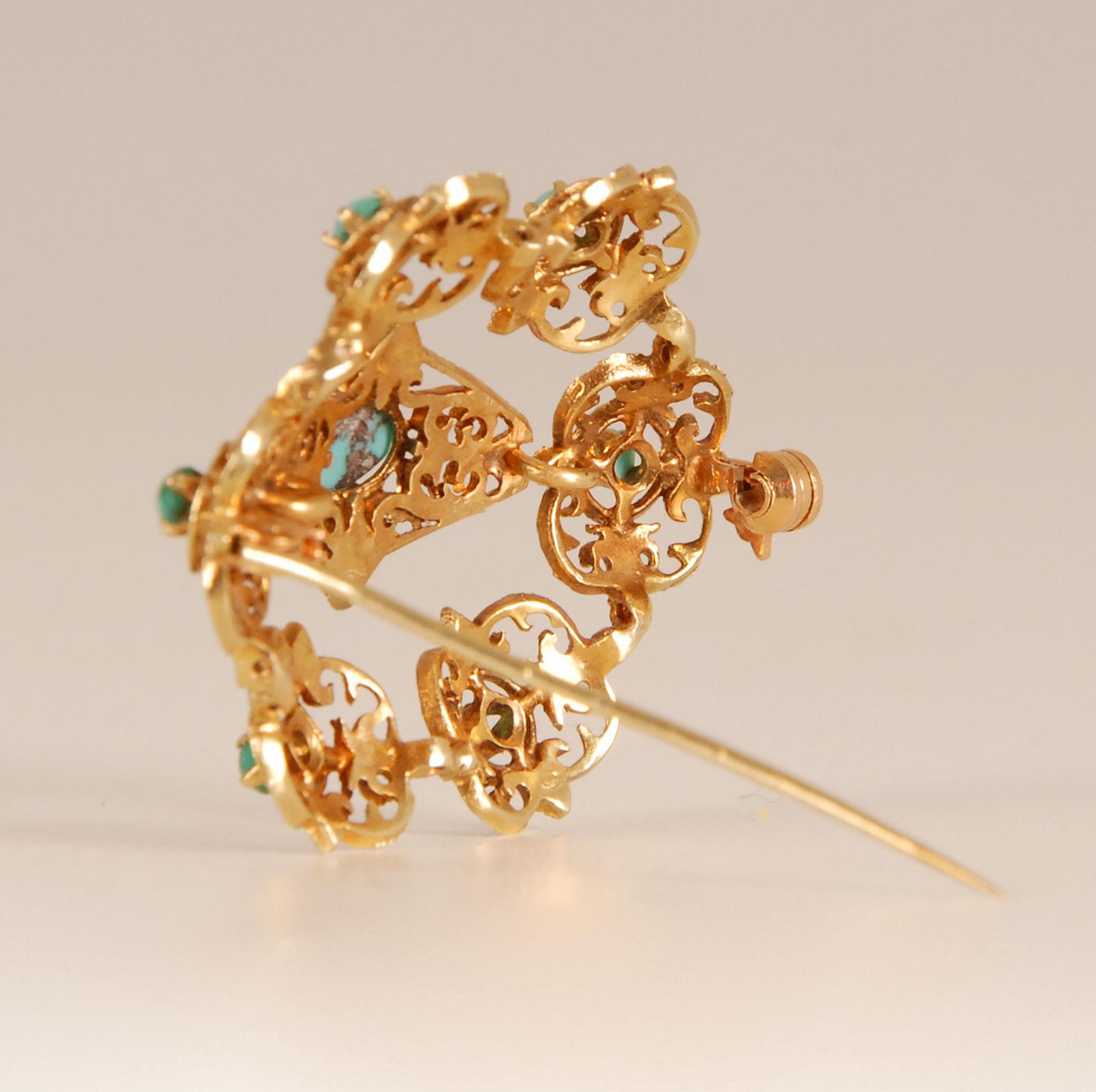 Victorian Brooch Gold Turquoise stones 19th century In Good Condition For Sale In Wommelgem, VAN