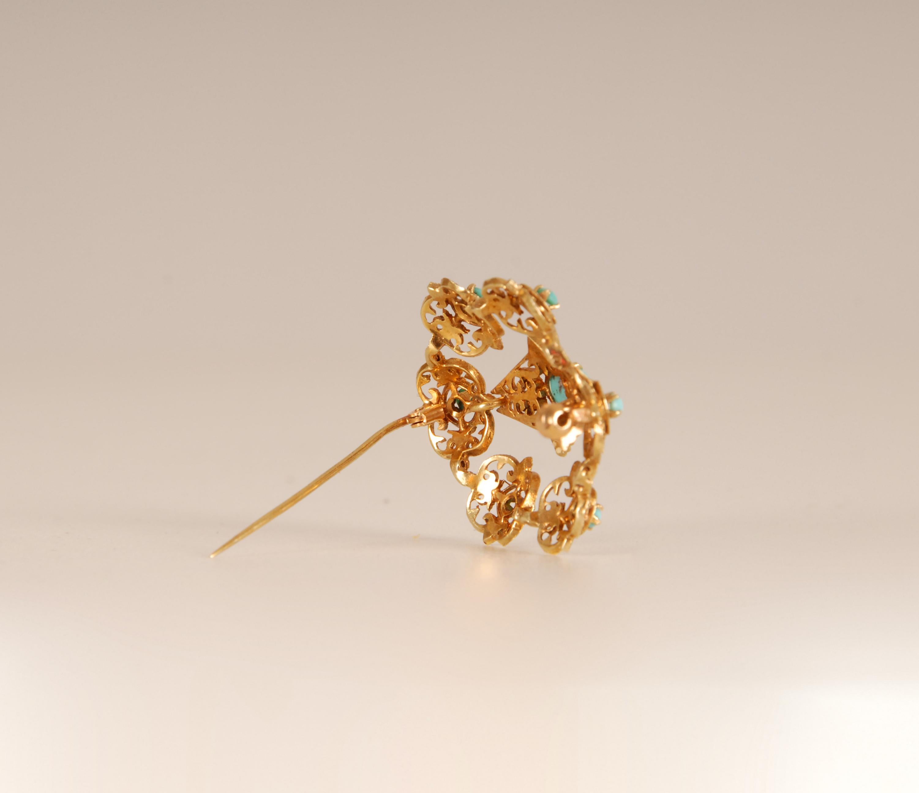 19th Century Victorian Brooch Gold Turquoise stones 19th century For Sale