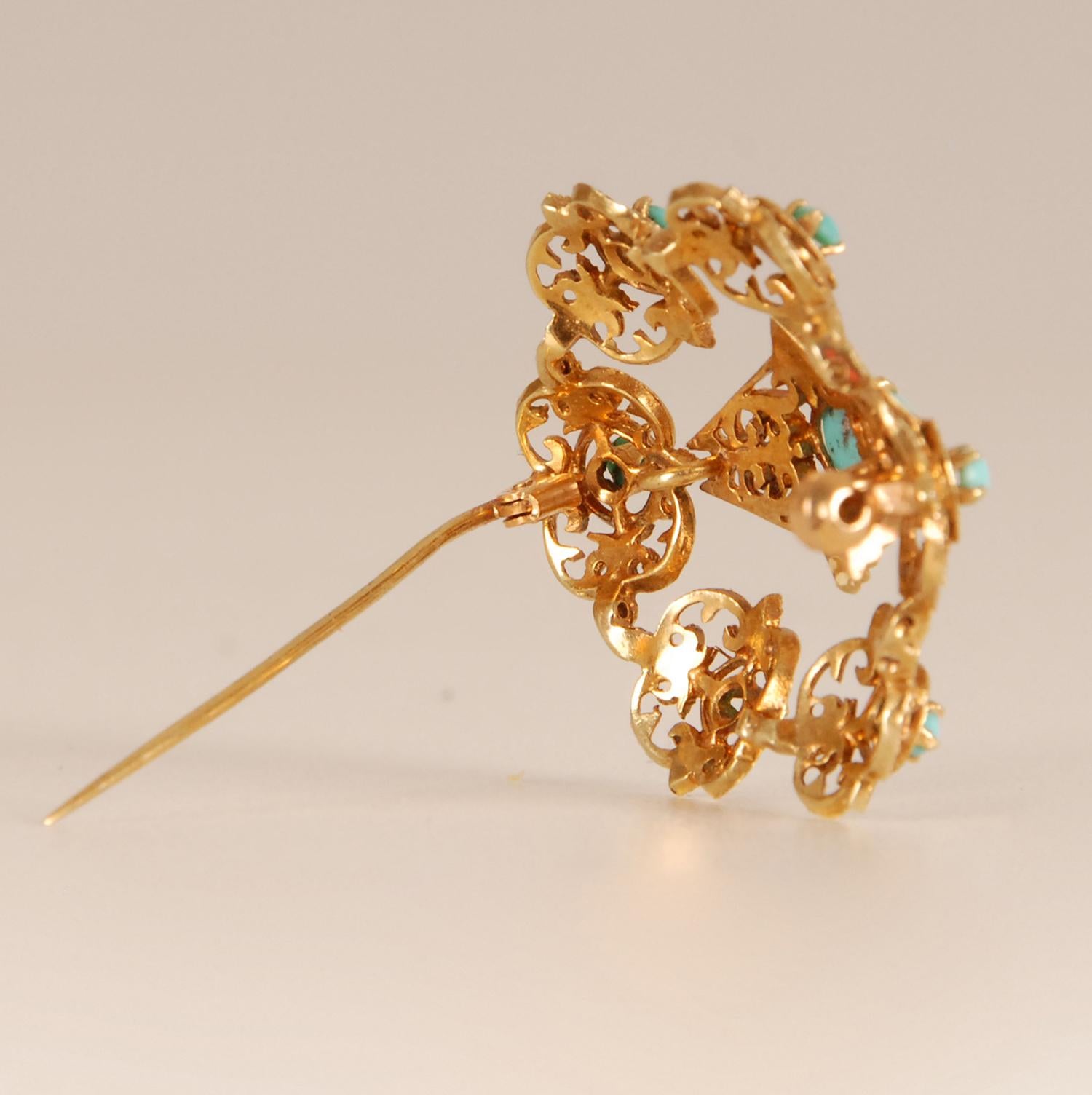 Victorian Brooch Gold Turquoise stones 19th century For Sale 1