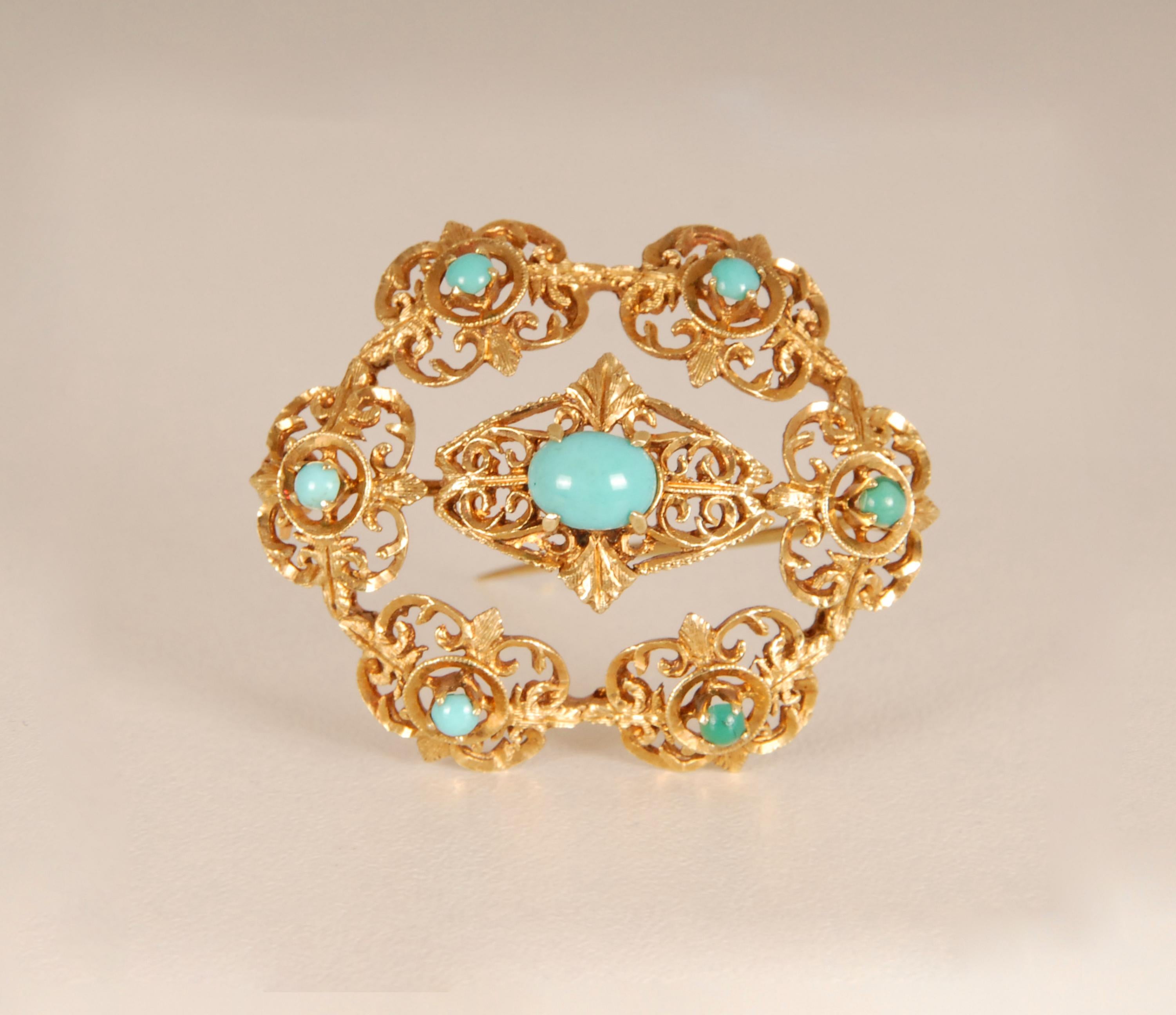 Victorian Brooch Gold Turquoise stones 19th century For Sale 2