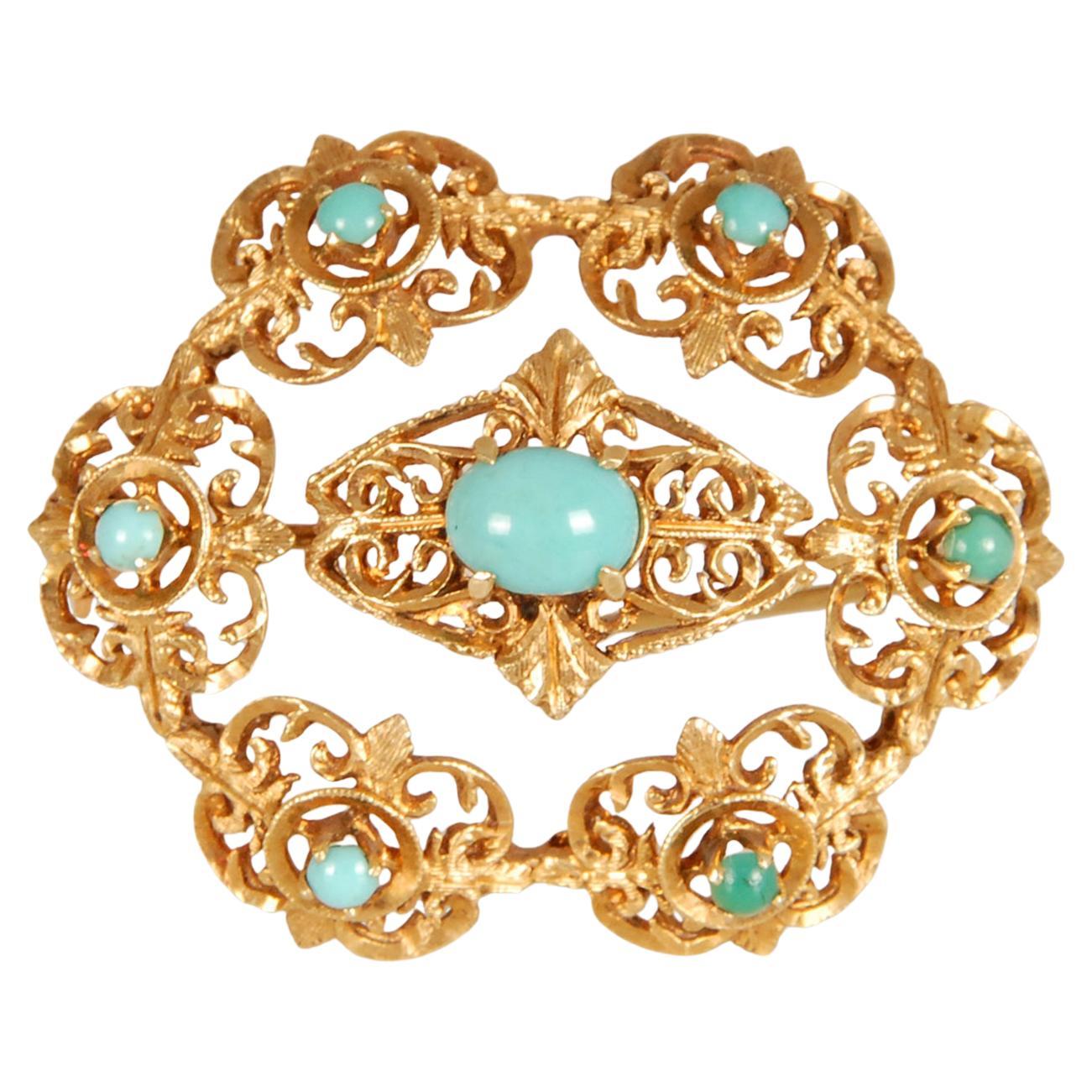 Victorian Brooch Gold Turquoise stones 19th century