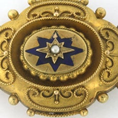 VICTORIAN brooch with blue enamel and pearl 7.7 gram 14k gold