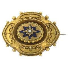 VICTORIAN brooch with blue enamel and pearl 7.7 gram 14k gold
