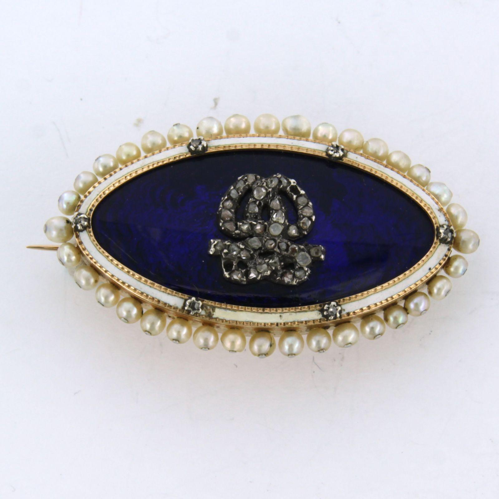 Viktorianische Brosche aus 14 Karat Gold und Silber mit Emaille, Perlen und Diamanten im Rosenschliff (Frühviktorianisch) im Angebot