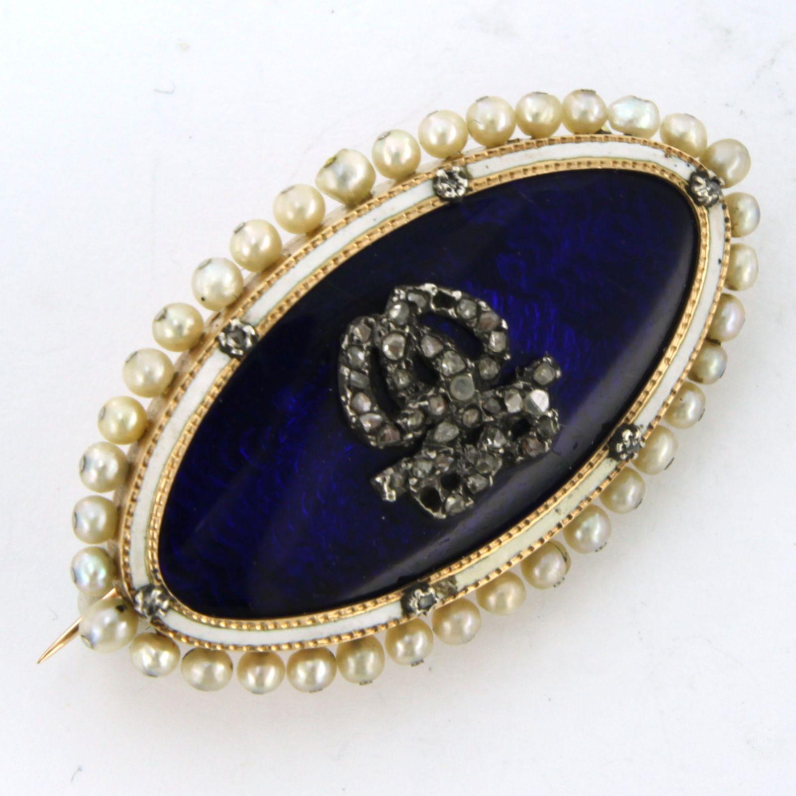 Viktorianische Brosche aus 14 Karat Gold und Silber mit Emaille, Perlen und Diamanten im Rosenschliff Damen im Angebot