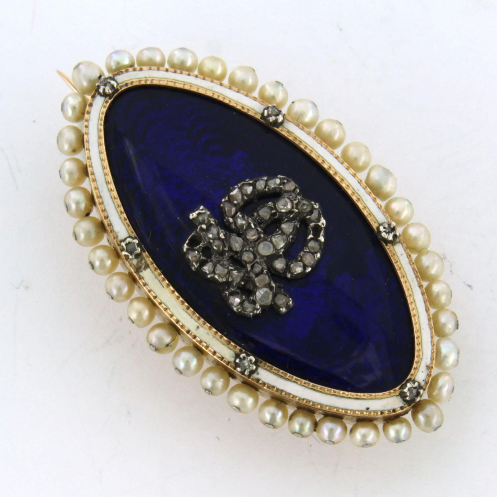 Viktorianische Brosche aus 14 Karat Gold und Silber mit Emaille, Perlen und Diamanten im Rosenschliff im Angebot 1
