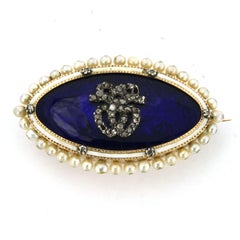 Broche victorienne en or et argent 14 carats avec émail, perles et diamants taille rose