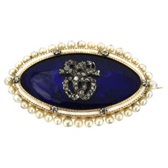 Antique Victorian brooch with enamel, pearls and rose cut diamonds 14k gold and silver