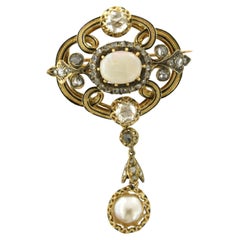 Victorian brooch with opal, pearl and rose cut diamonds up to 1.60ct 18k gold