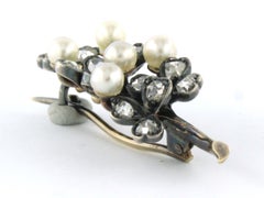 VICTORIAN Brooch with pearl and rose cut diamonds 0.40ct 14k gold and silver