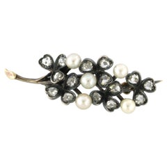 VICTORIAN Brooch with pearl and rose cut diamonds 0.40ct 14k gold and silver