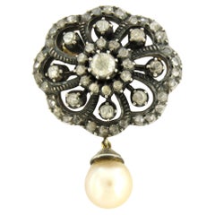 Antique Victorian brooch with pearl and rose cut diamonds 0.80ct 14k gold and silver
