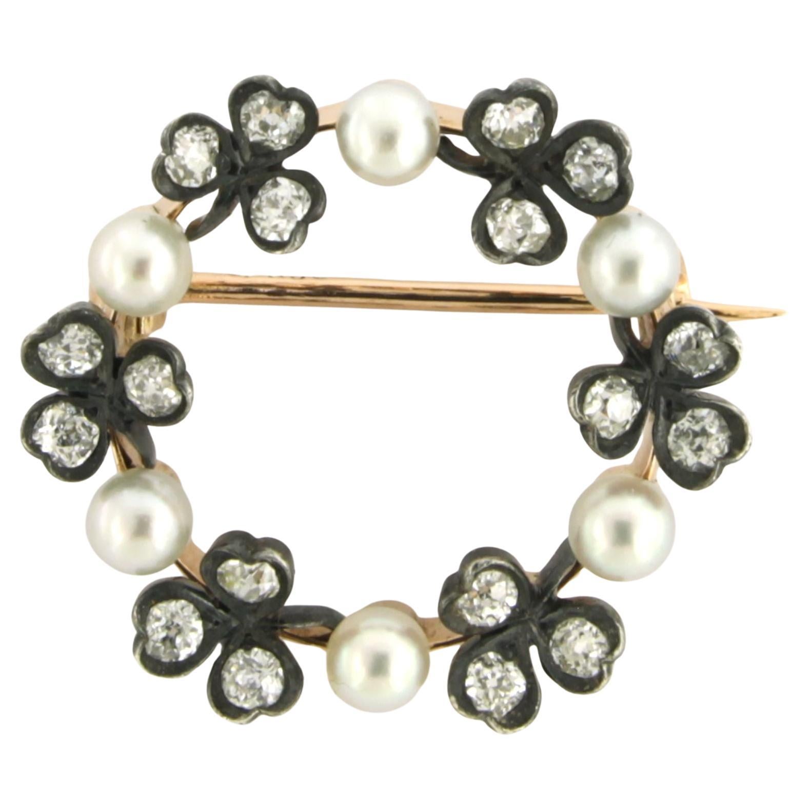Broche victoriano con perlas y diamantes talla mina antigua Oro de 14 quilates y plata