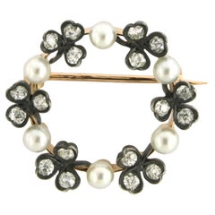 Broche victorienne avec perles et diamants de taille ancienne 14k or et argent