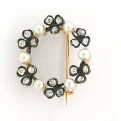 Victorian brooch with pearls and old mine cut diamonds up to 1.20ct 14k gold