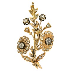 Antique Victorian brooch with pearls and rose cut diamonds up to 0.20ct 14k gold