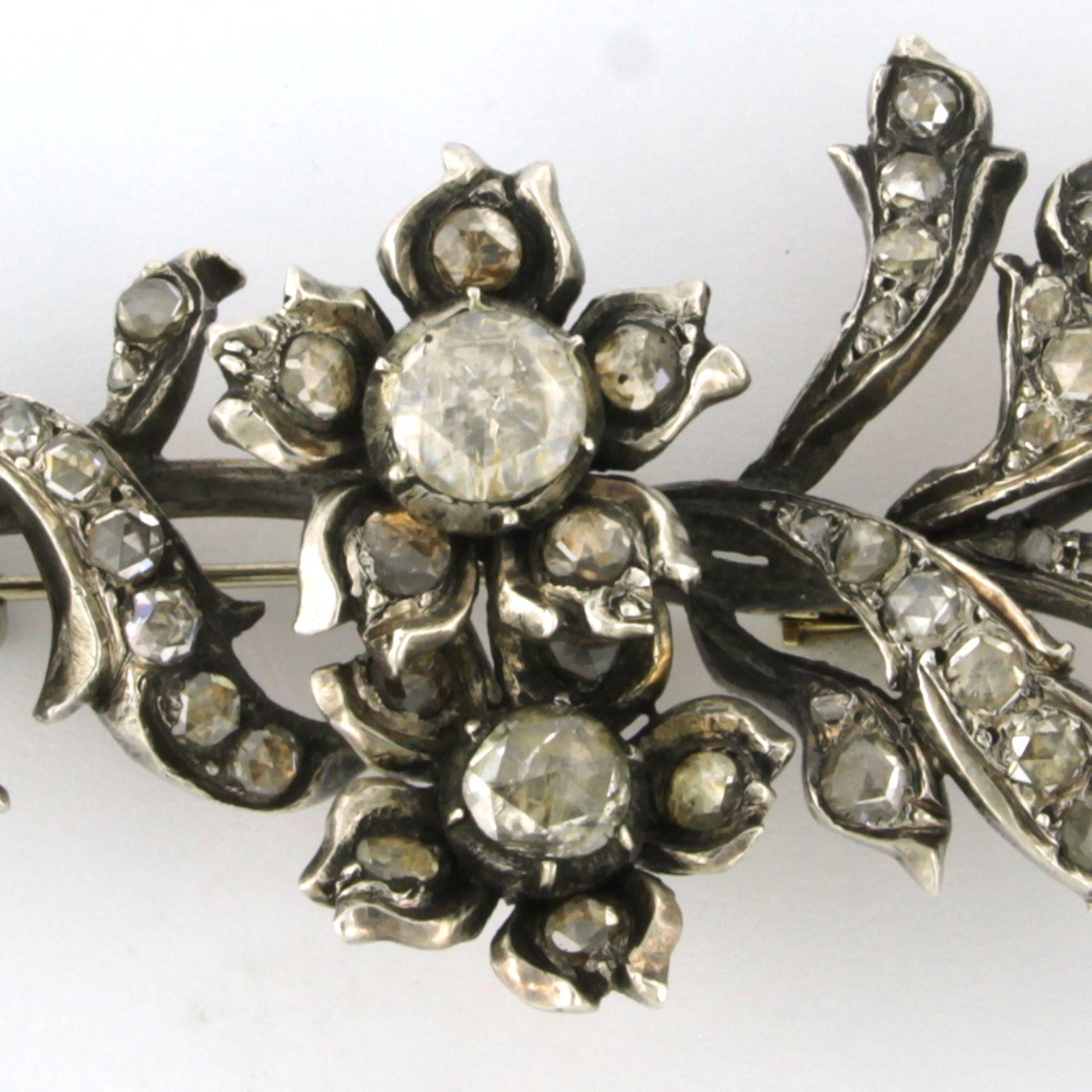 Taille rose Broche victorienne avec diamants taillés en rose jusqu'à 2,00ct 14k or et argent en vente