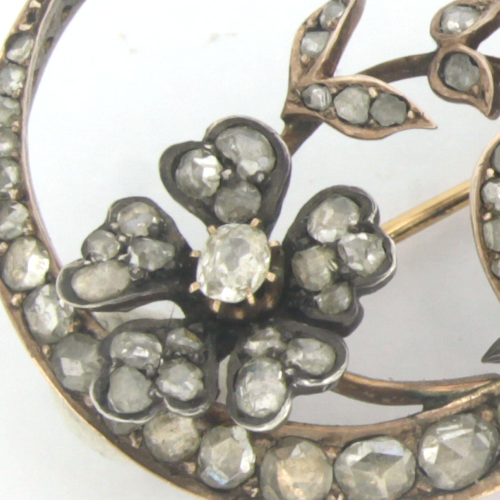 Rose Cut Victorian brooch with ruby and ol mine/ rose cut diamonds up to 1.00ct 14k gold For Sale