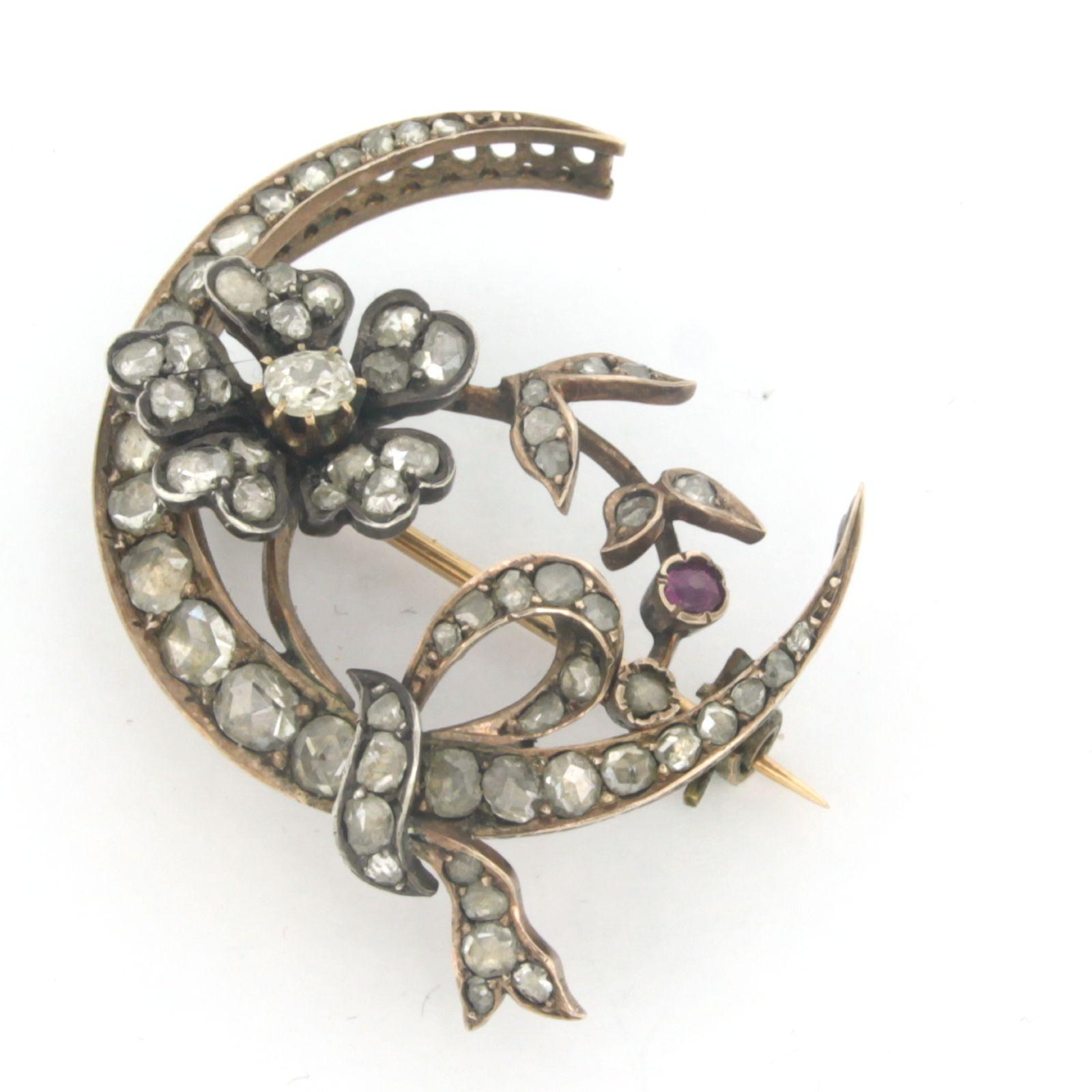Women's Victorian brooch with ruby and ol mine/ rose cut diamonds up to 1.00ct 14k gold For Sale