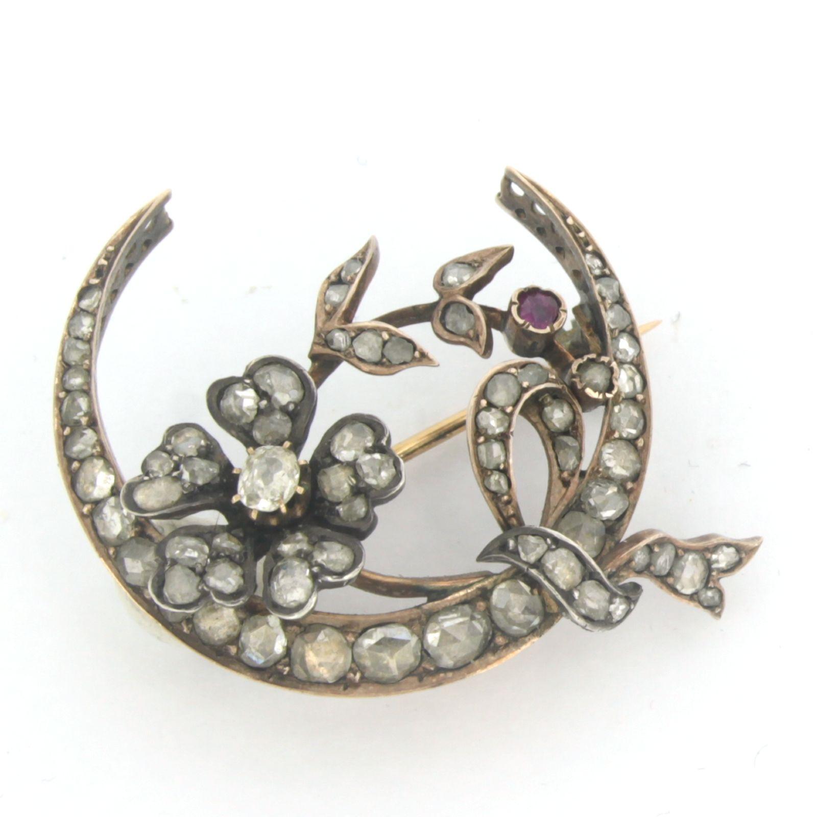 Victorian brooch with ruby and ol mine/ rose cut diamonds up to 1.00ct 14k gold For Sale 1