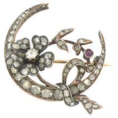 Victorian brooch with ruby and ol mine/ rose cut diamonds up to 1.00ct 14k gold