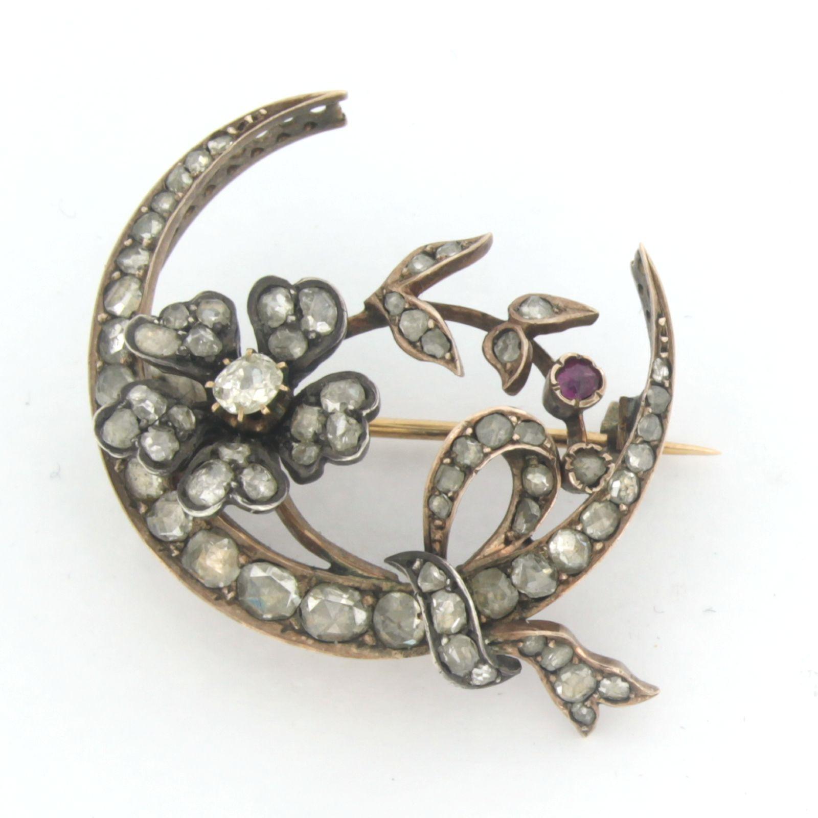 Spilla vittoriana con rubino e diamanti ol mine/ rose cut fino a 1,00ct in oro 14k