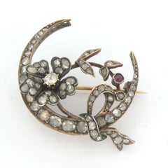 Antique Victorian brooch with ruby and ol mine/ rose cut diamonds up to 1.00ct 14k gold