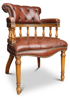 Victorian Antique Leather & Beech Captains Chesterfield Button Back Desk Chair