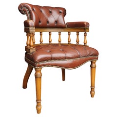 Victorian Antique Leather & Beech Captains Chesterfield Button Back Desk Chair