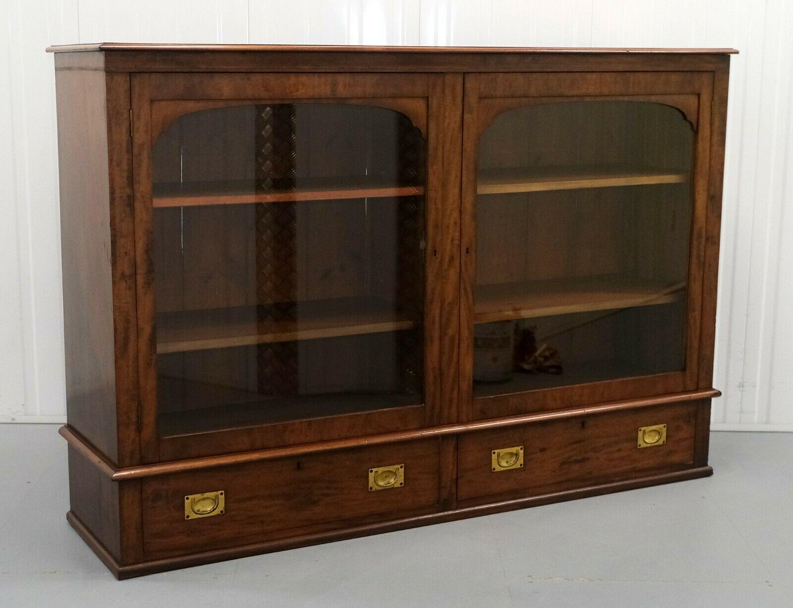Victorian Brown Hardwood Two Doors Glazed Bookcase with Campaign Drawers 5