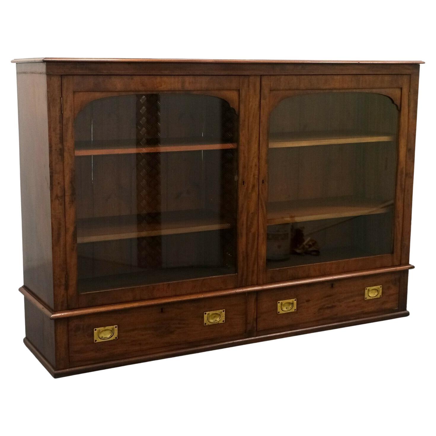 Victorian Brown Hardwood Two Doors Glazed Bookcase with Campaign Drawers