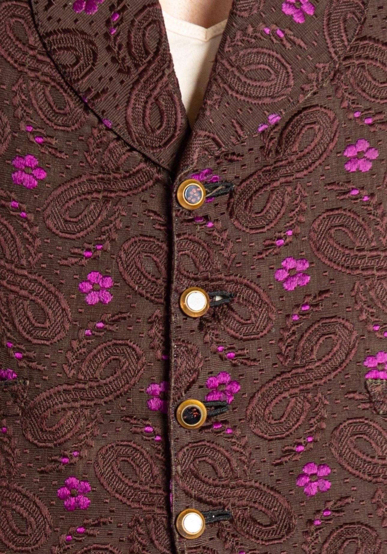 Victorian Brown & Purple Floral Silk Jacquard 1850S Mens Vest For Sale 1