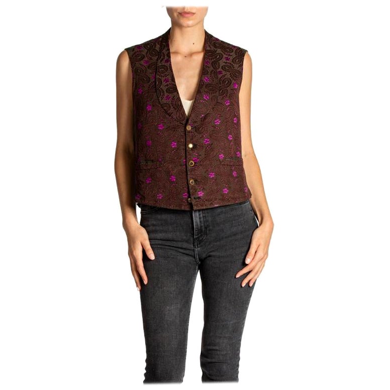 Gilet victorien pour homme 1850S en jacquard de soie à fleurs brunes et violettes