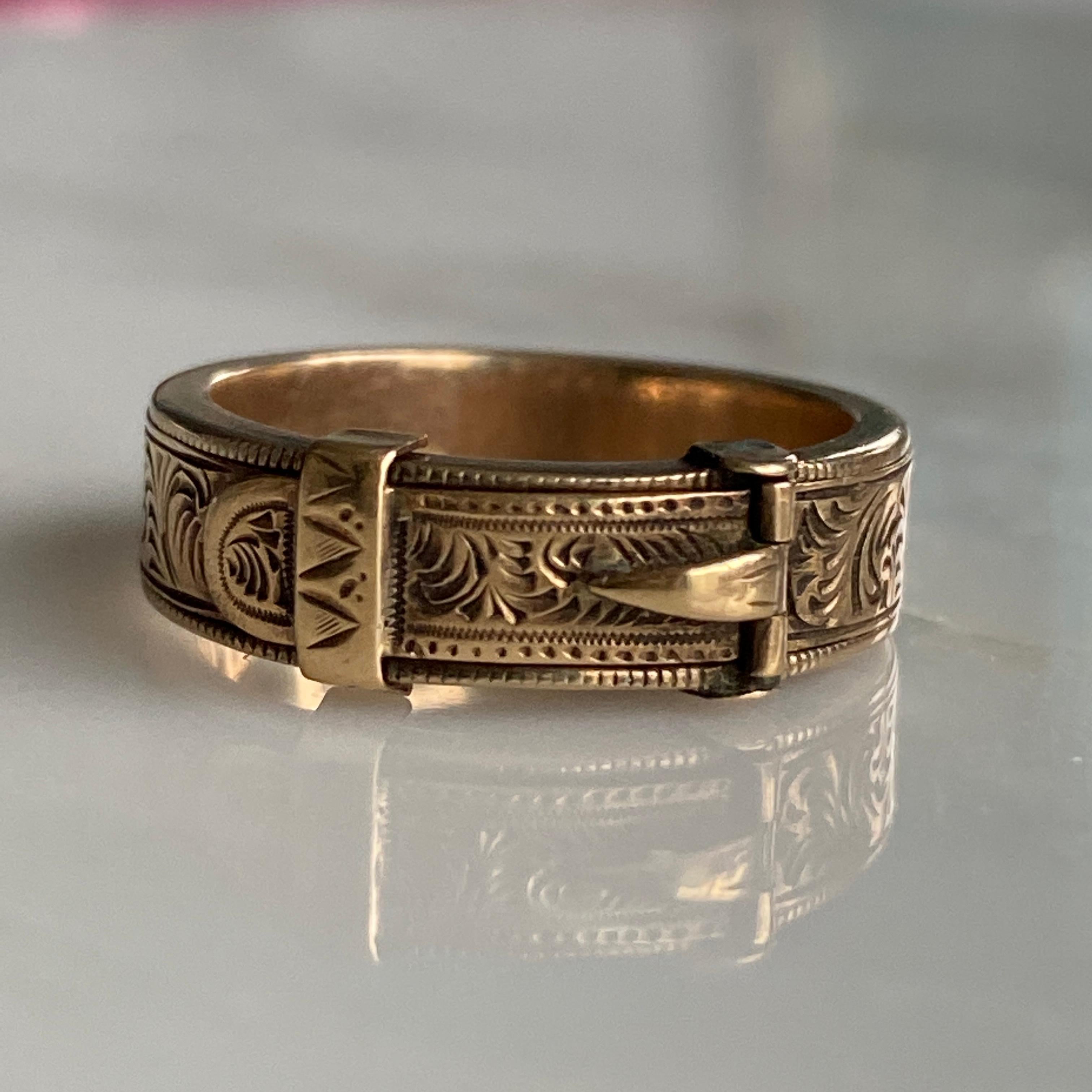 Victorian Buckle 14K Engraved Memorial Ring For Sale 6