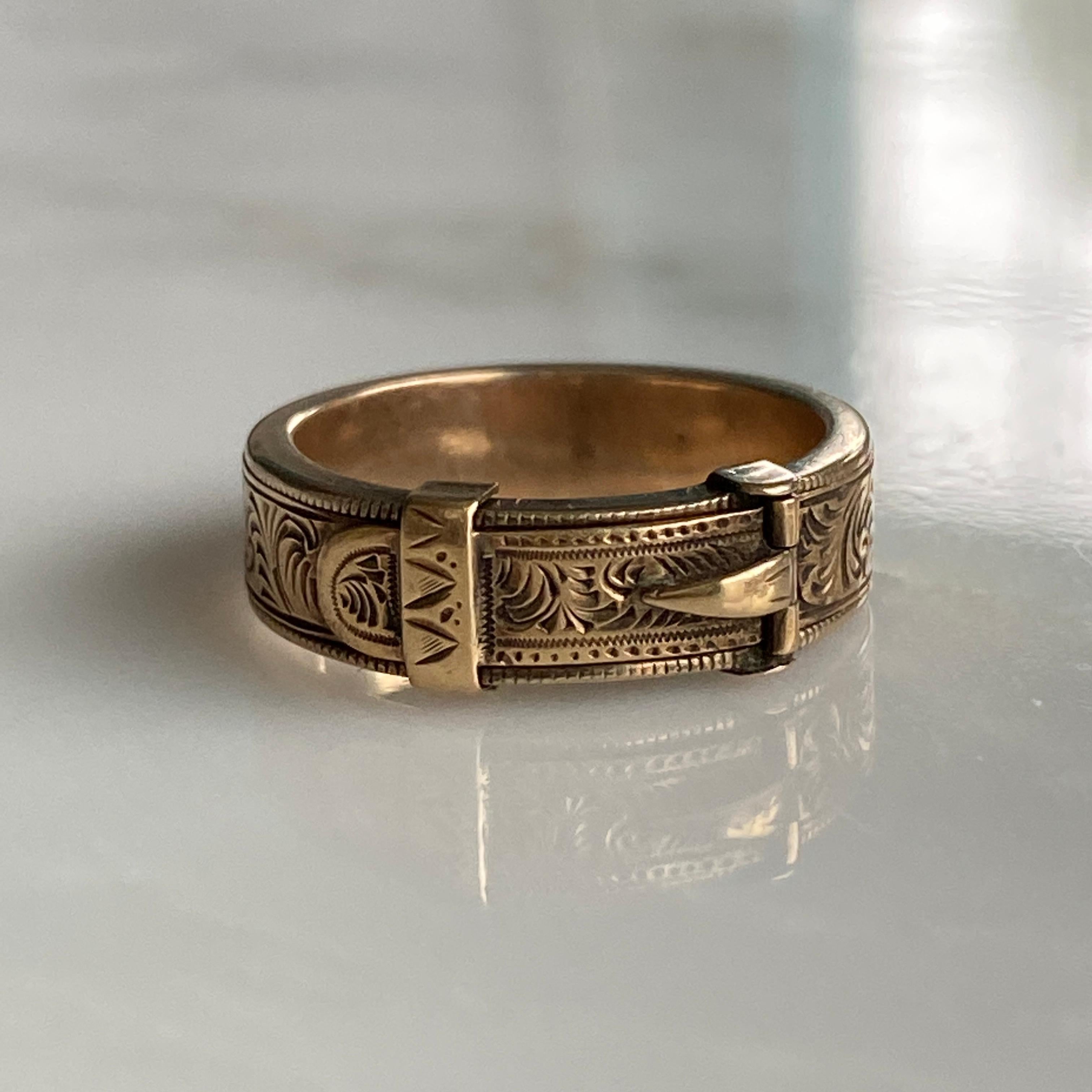 Victorian Buckle 14K Engraved Memorial Ring For Sale 7